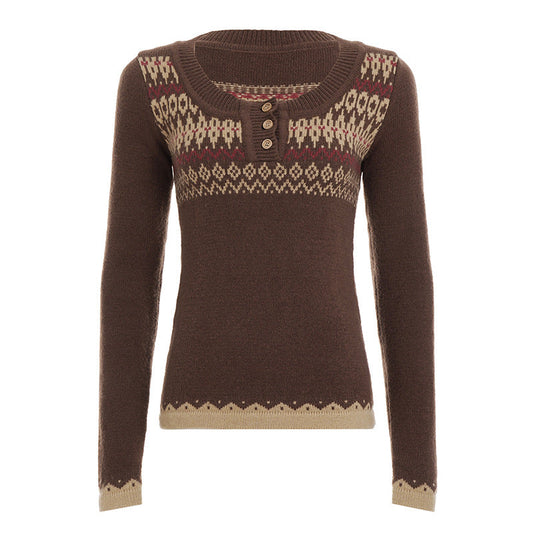 Vintage ethnic pattern U-neck breasted solid color sweater
