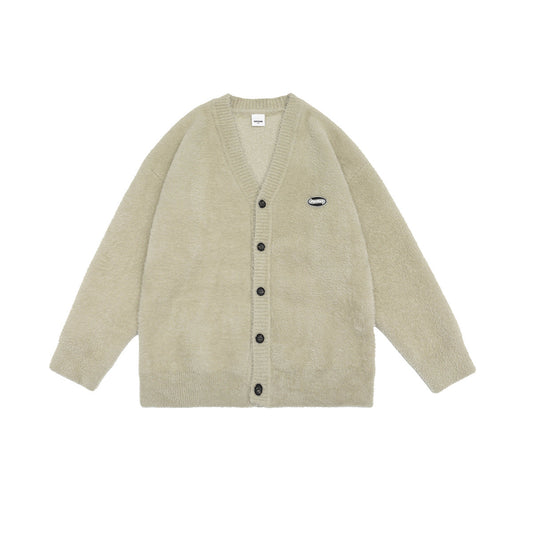 V-Neck Embroidered Label Loose Knit Cardigan Sweater Coat