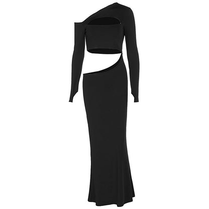 Hollow solid color slanted neck long sleeved dress