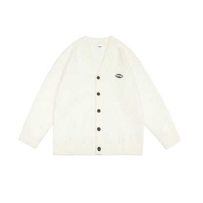 V-Neck Embroidered Label Loose Knit Cardigan Sweater Coat